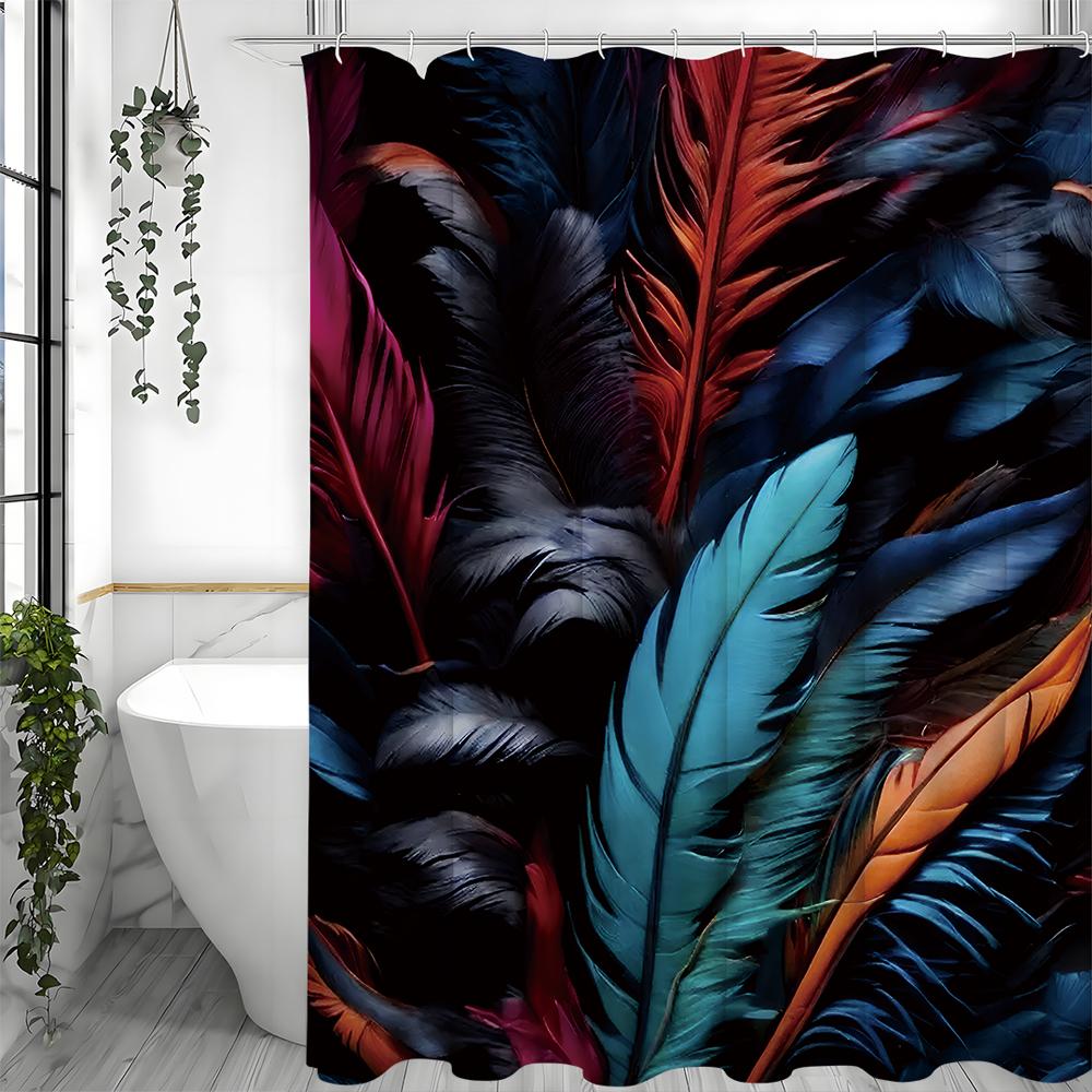 Colorful Feather Shower Curtain On Black Background, Bathroom Decorative Shower Curtain, Waterproof Shower Curtain with Hooks