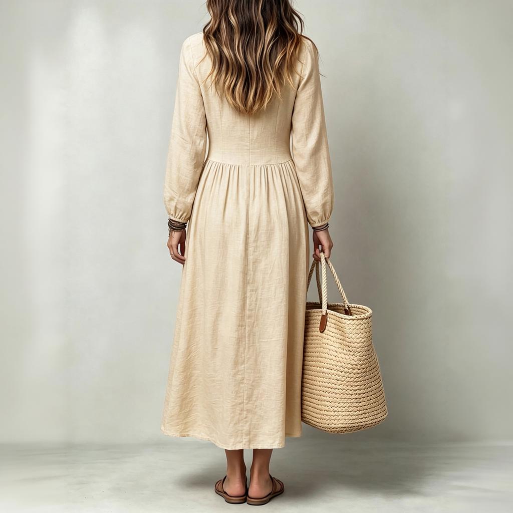 Women's Long Sleeve Stand Collar Maxi Dress with Single-Breasted Waist-Cinching Flared Hem for Vacation