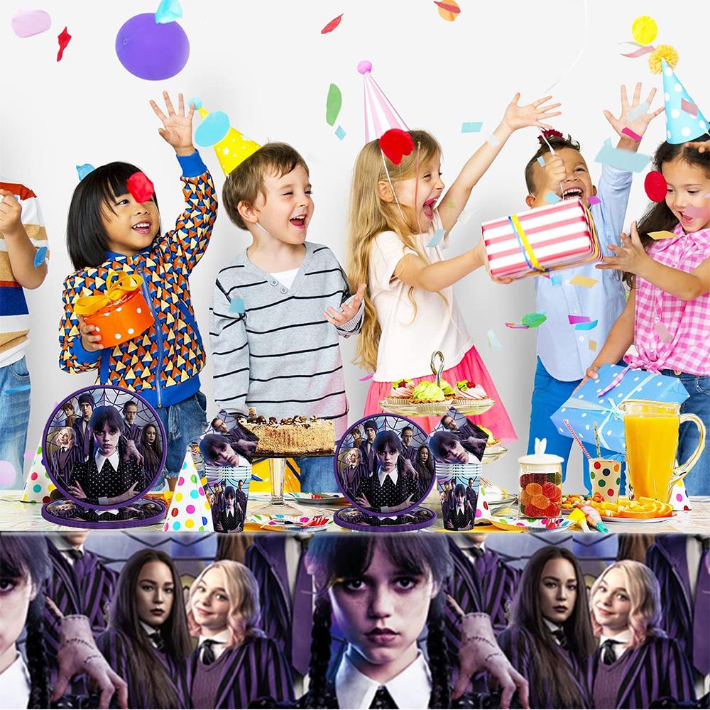 Wednesday Addams Birthday Party Tableware Include Tablecloth, Napkins, and Paper Cups
