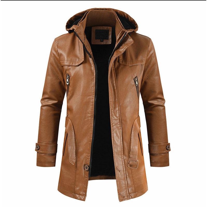 Winter Men's Thick Fleece Leather Jacket Coat Long Outwear Fashion Warm Casual Vintage Clothing for Men Steampunk Biker Jaqueta
