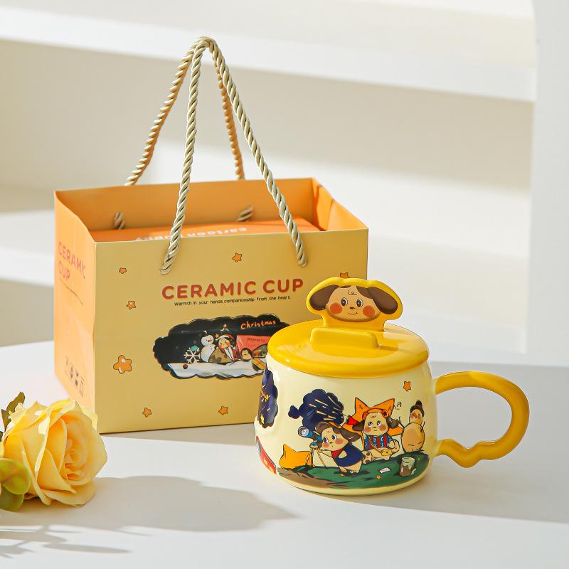Creative Cartoon Ceramic Cup with Mobile Phone Holder Cover, Home Office Water Cup Gift Box, High Value Hand-painted Wind Mug