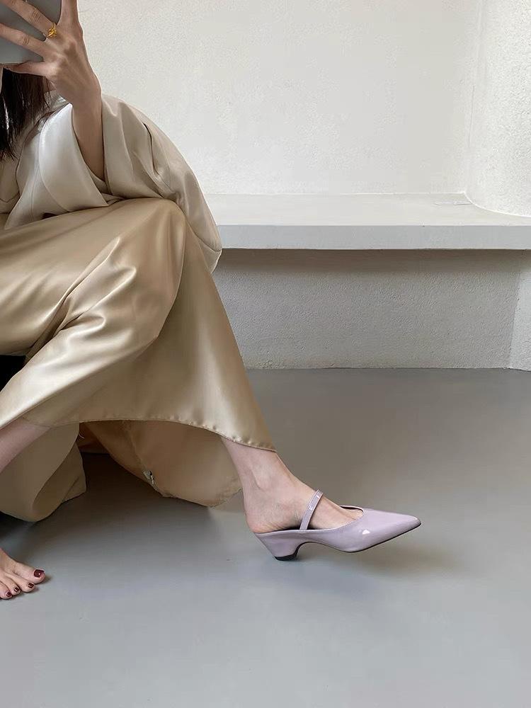 

French temperament pointed head with high heels silver bag head half slippers women s spring and summer wear thick heels Mu Qin shoes 40 фиолетовый