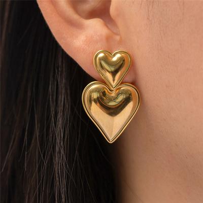 Vintage 18K Gold Plated Edelstahl Doppelherzförmige Hängeohrringe für Damen Modeschmuck Geschenk