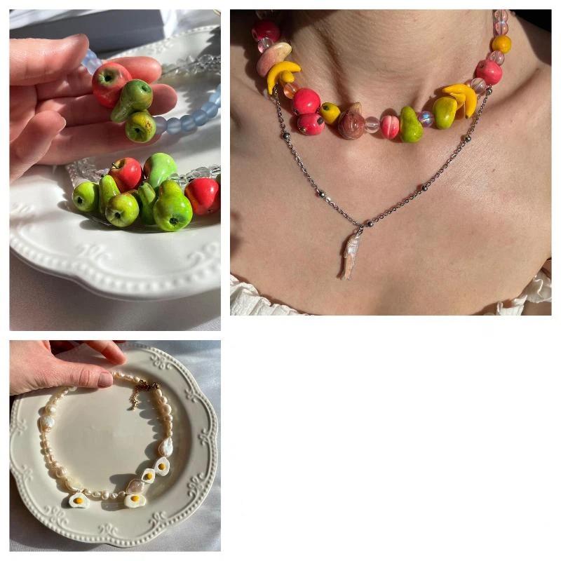 Y2K Vintage Fruit Beaded Necklace Handmade Blueberry Lemon Decor Lightweight Summer Jewelry for Women