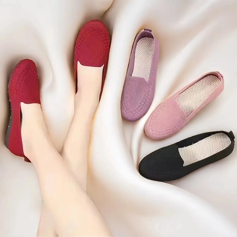Women's Solid Color Knit Loafers Lightweight Anti Slip Flat Shoes Casual Wear