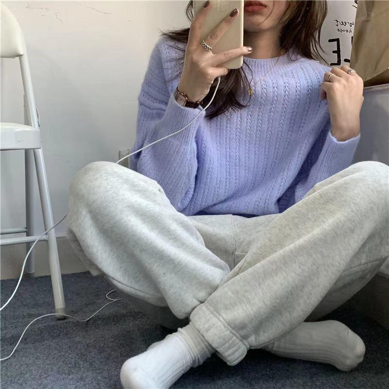 Mjuk stil på hösten och vintern Lösstickad tröja med lång ärm Damtröja Damstil Enfärgad tröja