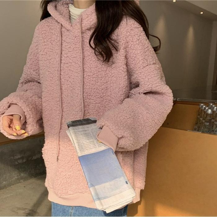 Женский свитер нишевый дизайн имитация овечьей шерсти милые медвежьи ушки капюшон осень-зима большой размер свободный свитер с длинными рукавами S розовый 2419₽