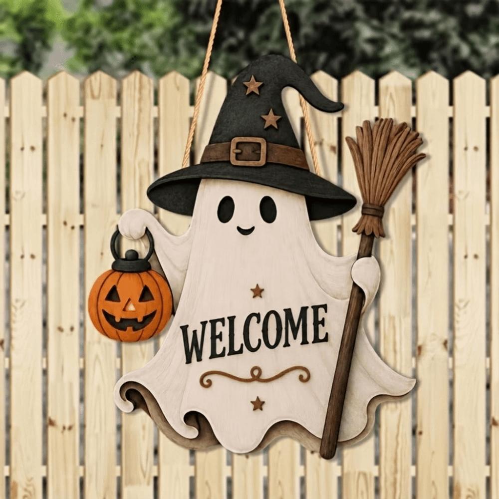 Cartoon Pattern Ghost Door Hanging Rustic Style Halloween Hanging Plaque Front Door