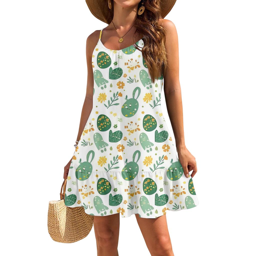 Robe décontractée élégante sans manches à bretelles ample pour femme avec imprimé plage et Pâques