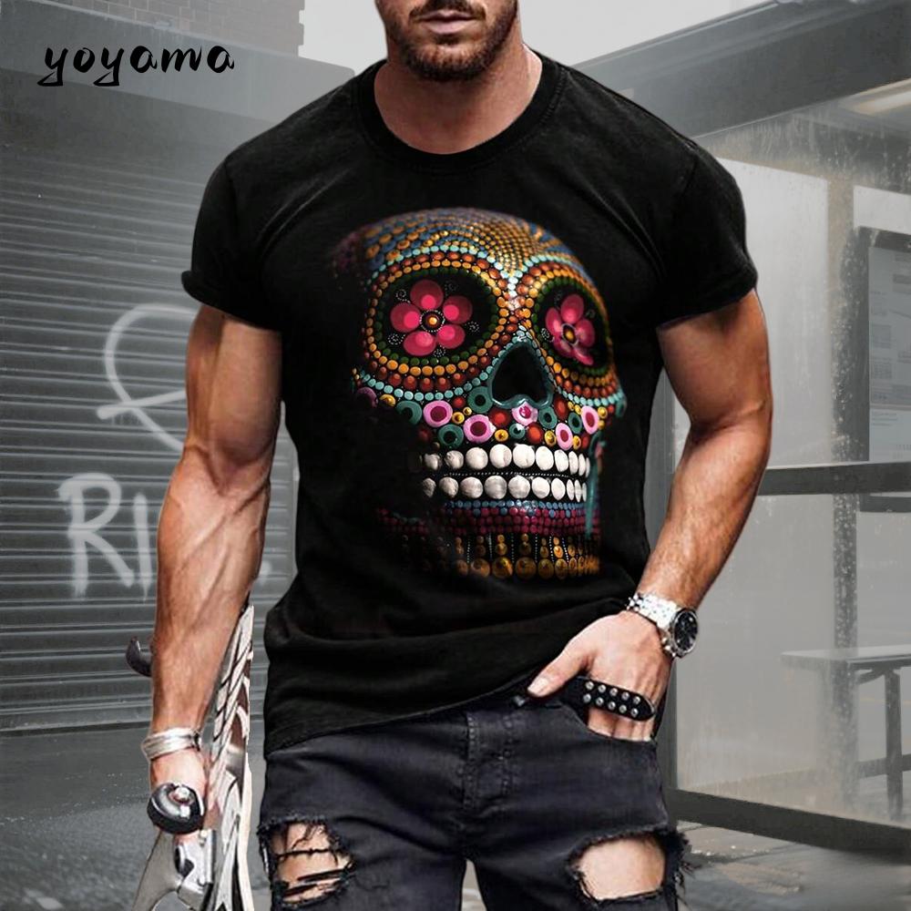 Men's T-shirt with Skull Pattern 3D Print. Summer Retro Casual Sports Short-sleeved Adult Quick-drying and Breathable Clothing.
