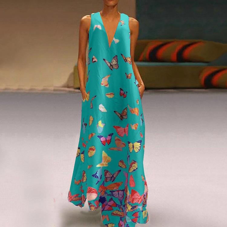 Summer Butterfly Print Bohemian Beach Dress V-Neck Sleeveless Long Dress Large Size Women's Clothing