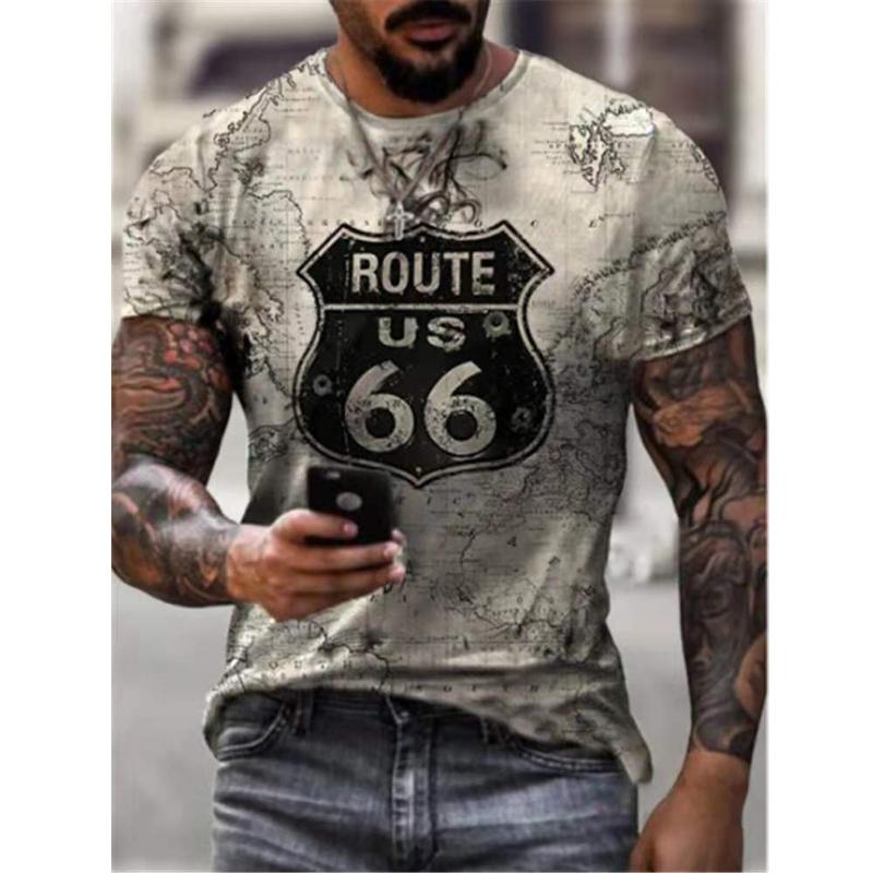 Summer Round Neck 3D Route 66 America Highway Print Top Fashionable Casual Short Sleeved Men's T-shirts