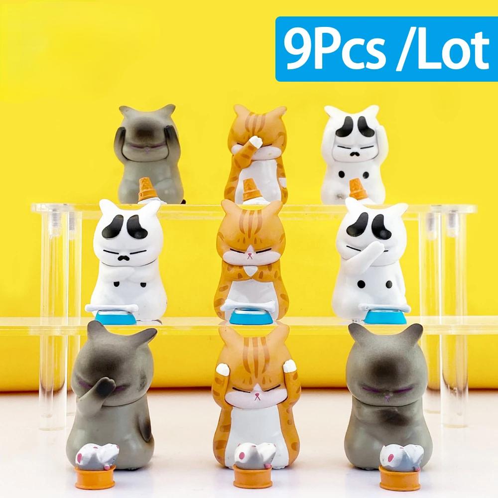 9Pcs Cute Mini Cat Doll Ornaments Figures Statue Model Desktop Toys Gifts for Room Office Kids Car Home Decoration Accessories