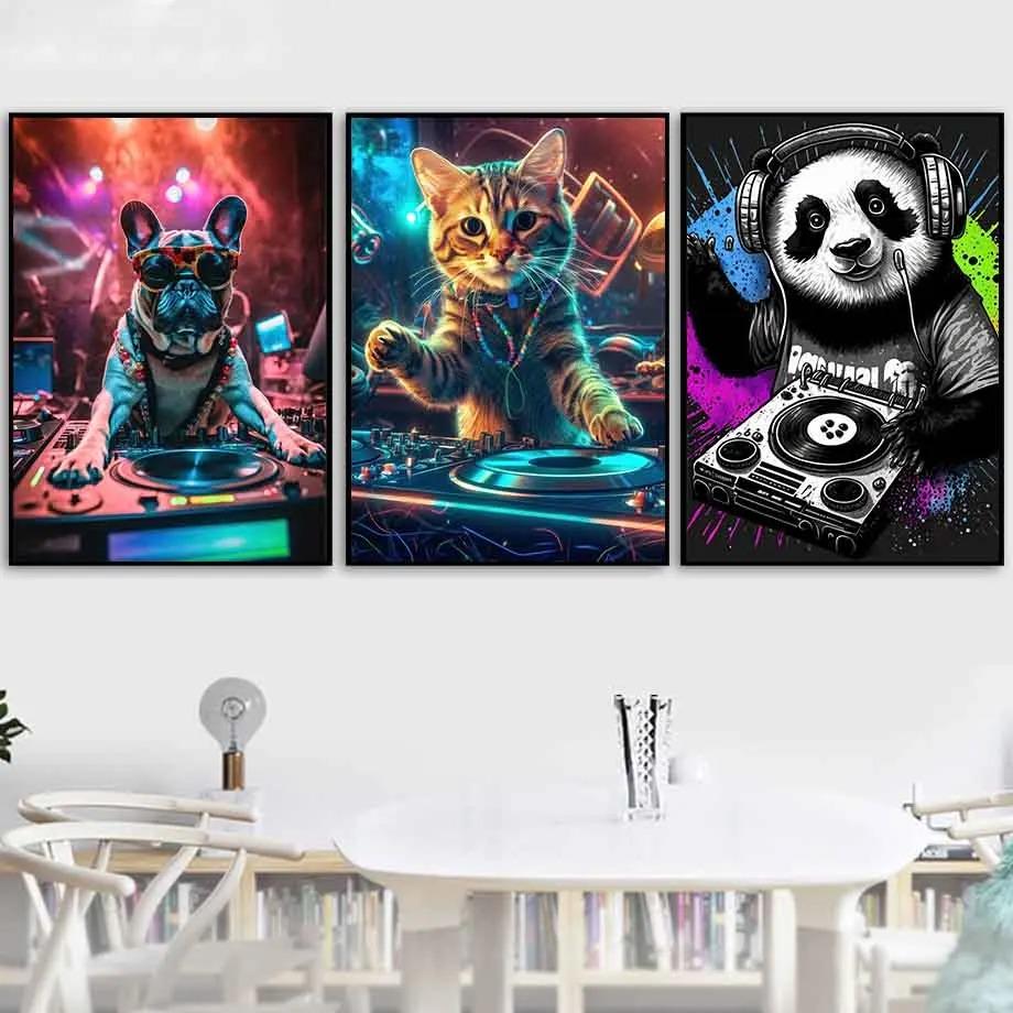 Pop Art Colorful Neon Animals DJ Music Poster Aesthetic Capybara Cat Dog Panda Rabbit Canvas Print Wall Art Mural Room Decor