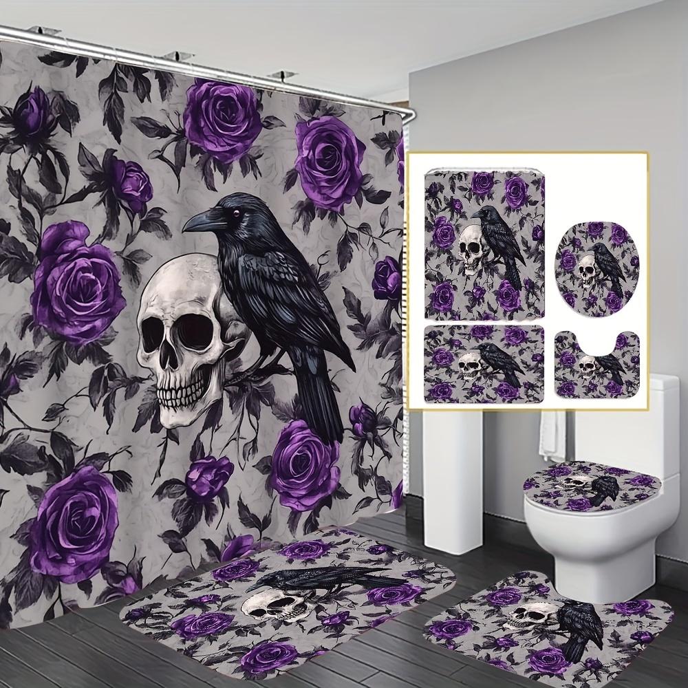 

Gothic Bathroom Set - Skull, Raven & Rose Shower Curtain, Toilet Cover & Mats, Dark Elegant Decor, Waterproof Halloween Gift W60H190(CM)-1 Pcs