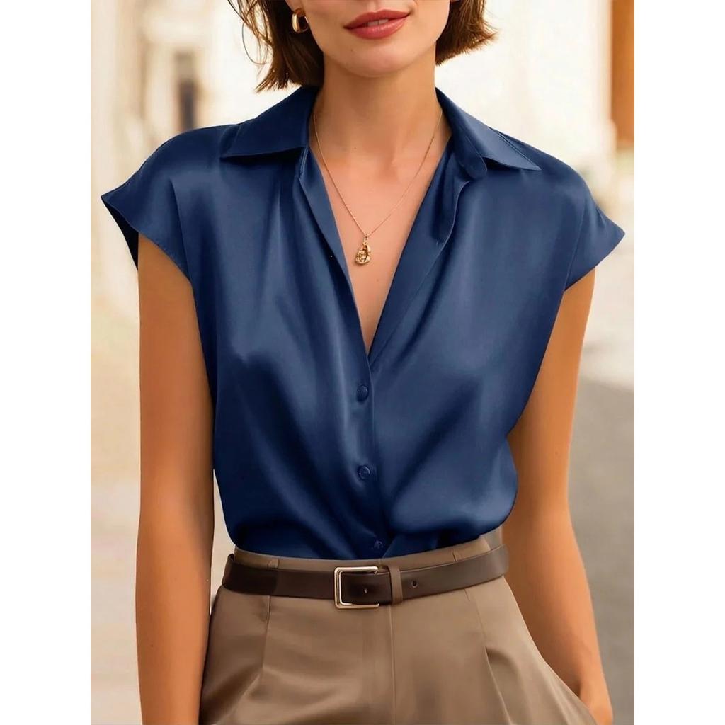 Women's Satin Short Sleeve Polo Shirt, Elegant Casual Top for Spring Summer