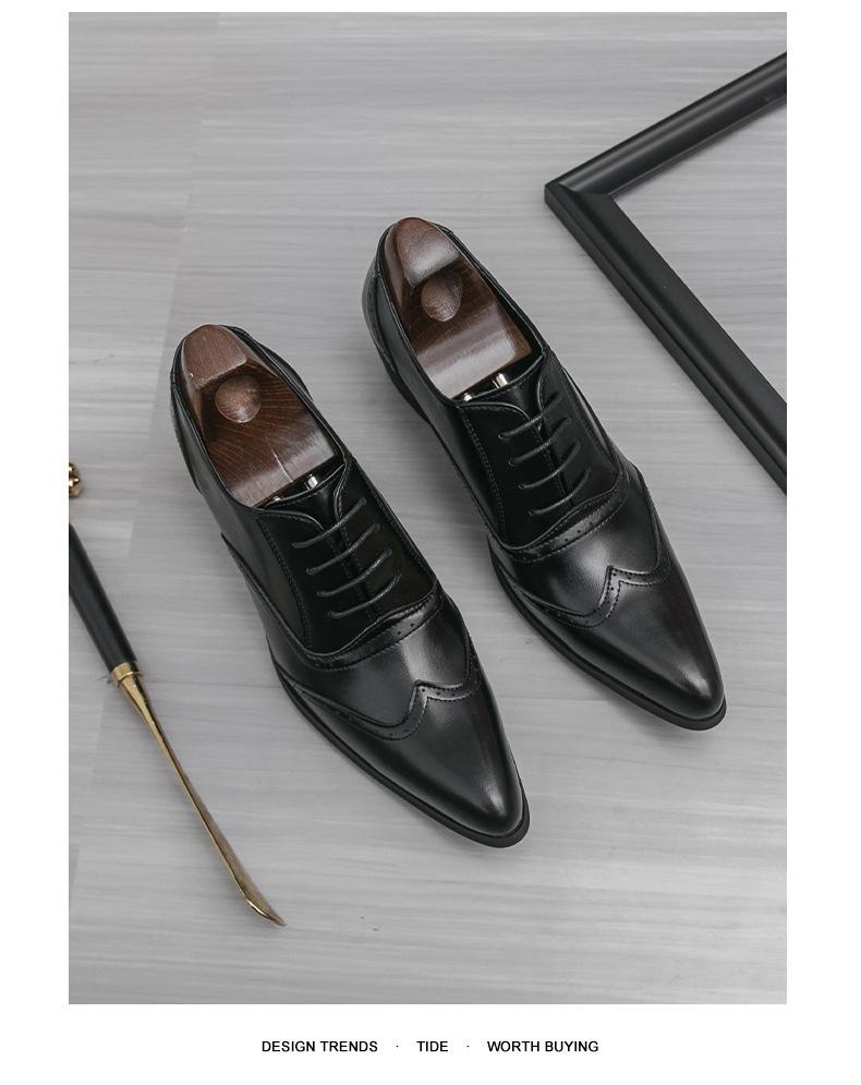 Men's British Autumn Formal Leather Shoes - Pointed Toe, Low-Top, Breathable, Lace-Up, Large Size, High Heel.