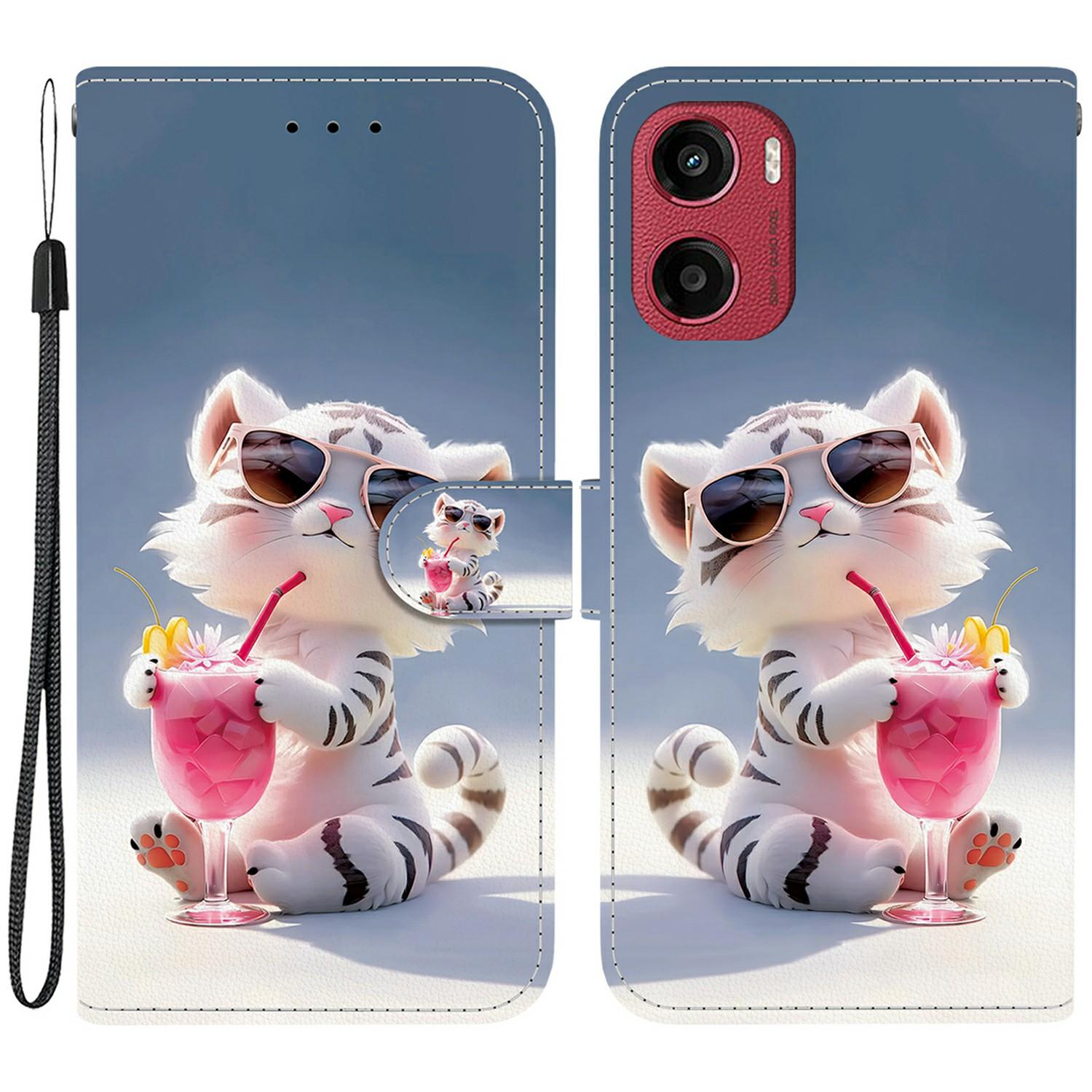 

For Motorola Moto G05 4G/E15 4G Case Pattern Printing Anti-Drop Leather Flip Wallet Phone Cover with Lanyard Cartoon Tiger