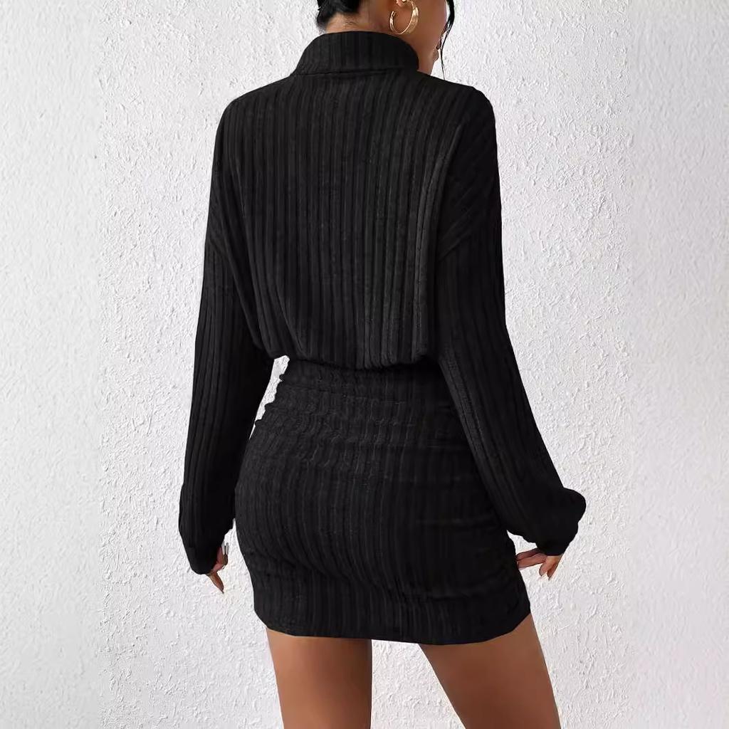 Women's Turtleneck Long Sleeve Mini Dress Bodycon Fit Mid Waist Elegant Solid Ribbed Knit Sweater Dress For Autumn Daily Wear