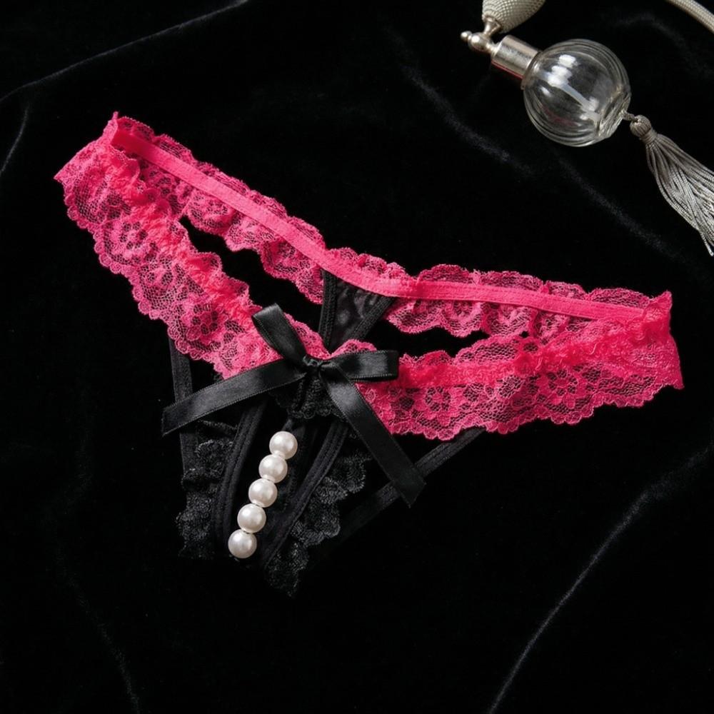 Open Crotch Lace Pearl Panties Low Waist See-through Thong Underwear for Women Ladies Girls
