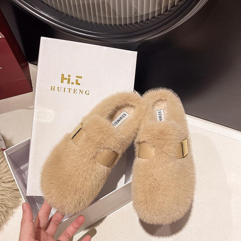 Premium Bag Head Fluffy Slippers Women's Outer Wear 2025 Autumn and Winter New Lazy One-pedal Flat-bottomed Velvet Cotton Slippers
