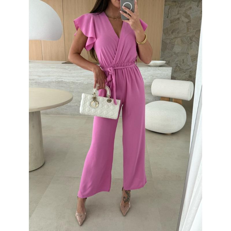 Tute Estive da Donna a Maniche Corte Larghe Eleganti con Scollo a V Incrociato Moda Ufficio Casual Semplici Tute Streetwear Salopette con Lacci Abbigliamento Donna