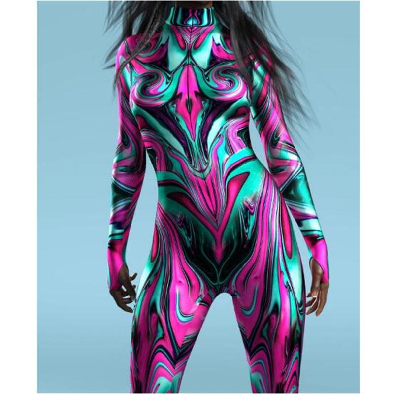 New Halloween Party Abstract Geometry 3D Print Women Sexy Skinny Jumpsuit Carnival Cosplay Costumes Fancy Bodysuit 2024