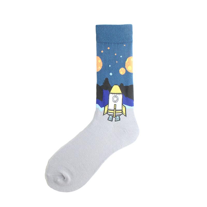 Happy Funny Unisex Painting UFO Astronaut Outer Space Rocket Men Crew Socks Male Boys Streetwear Cotton Causal Skateboard Sox