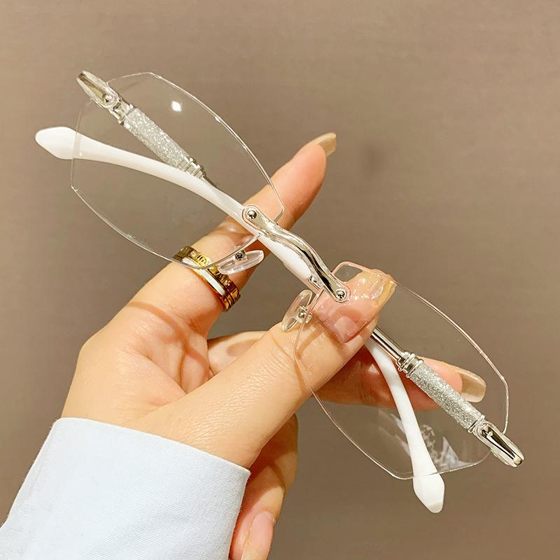 Women's Trendy Rimless Reading Glasses Unisex HD Lens Diamond Cut Presbyopia Eyeglasses Finished Far Sight Eyewear +1.0 To +4.0