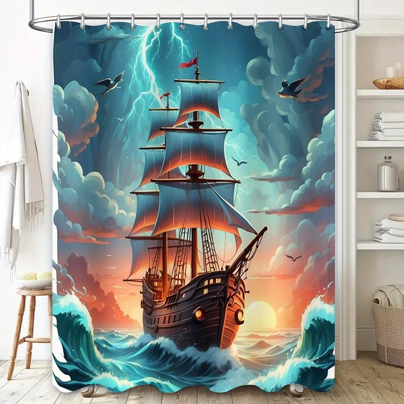 High-quality shower curtain featuring a stormy seascape with majestic ships perfect for creating an oceanic atmosphere in any ba