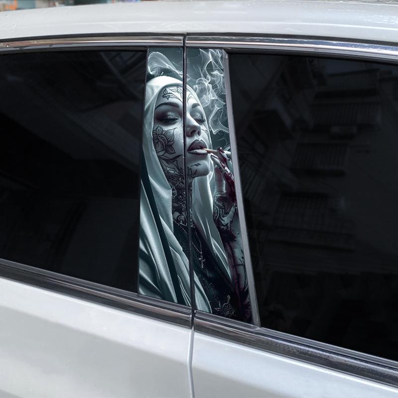 2pcs Nun Sisters Car Decal Car B-Pillar Sticker Smoking Nun Styling Car Decal Diy Car Door Post Vinyl Decal Cool Nun Decal