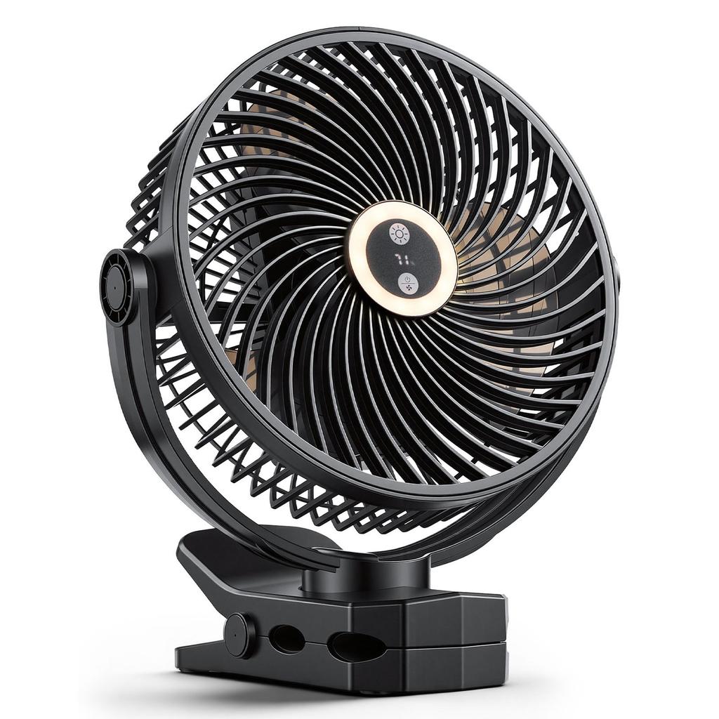 Portable Clip Fan, Rechargeable Clip On Fan with Light, USB Port with 3 Speeds & Circulation Mode, Strong Airflow Sturdy Clamp, Long Runtime for Desk,