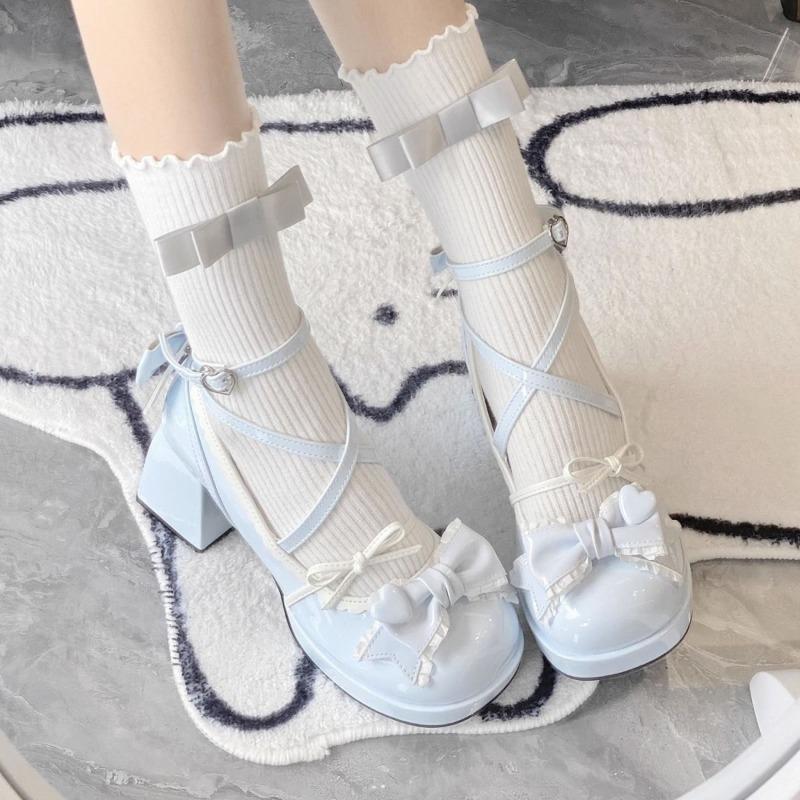 Fashion Women Platform Lolita Shoes Bow Thick Heel Mary Janes Shoes Party Banquet Shoes Sweet Princess Style College Style Leather Pumps