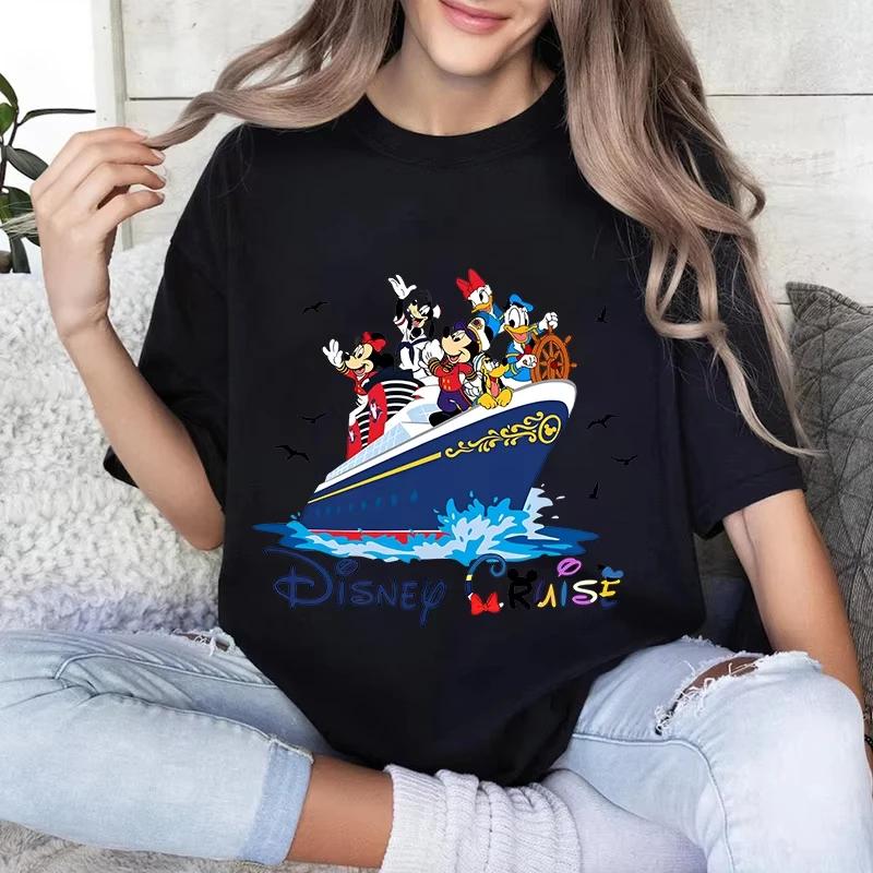 2025 Summer Captain Mickey Friends Disney Cruise Ship Printed Women's 100% Pure Cotton Printed Breathable T-shirt Y2K Loose Top