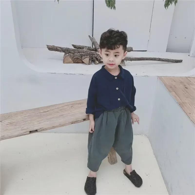 Kids' Retro Japanese-Style Bat Sleeve Lapel Shirt - Cotton & Linen, Spring/Autumn, Baby Boy Outerwear