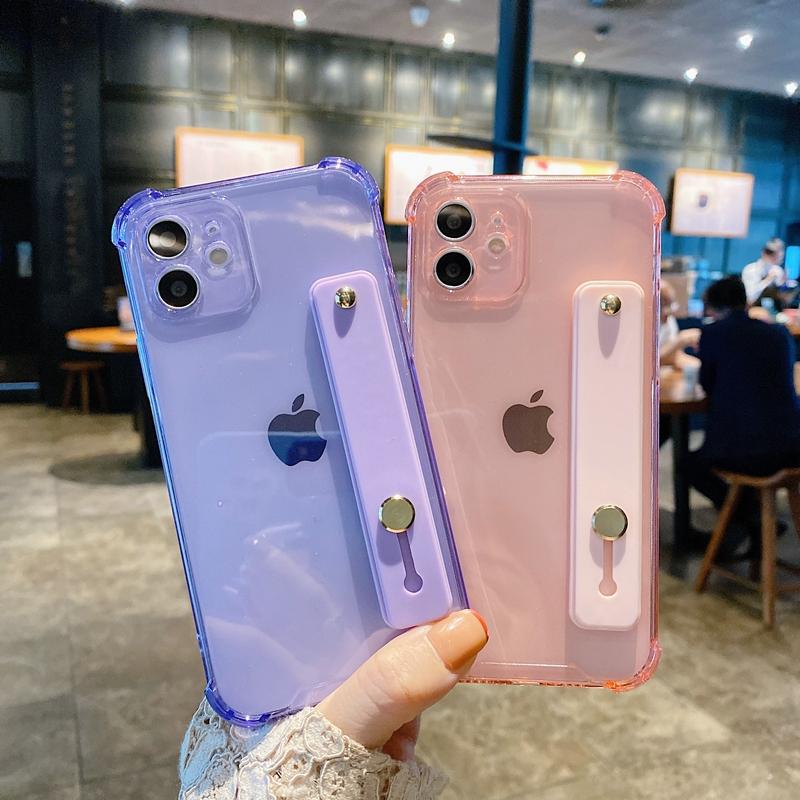 Weiche Handyhülle mit Handgelenkschlaufe für iPhone 11 12 13 14 15 Pro Max X XR Xs Max 7 8 Plus Mini Ständer Transparente Stoßstangenabdeckung