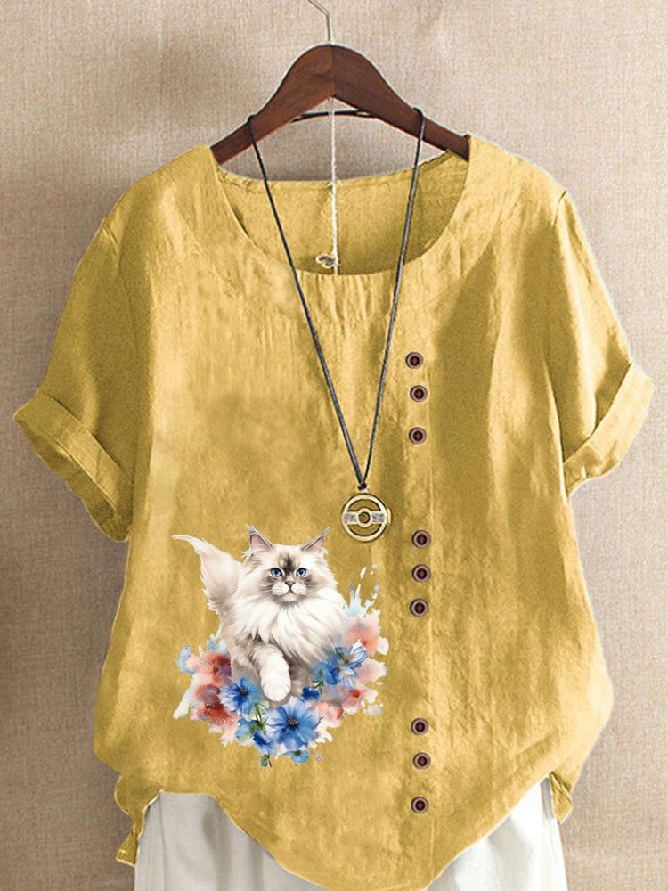 Women's Fashion Cute Cat Print Round Neck Short Sleeve T-shirt Summer Casual Cotton Linen Graphic Shirt Leisure Loose Blouse Tops