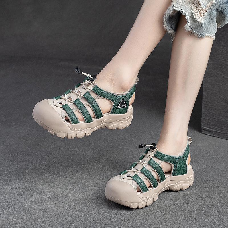 Summer Women's Genuine Leather Roman Sandals Hollow Out Woven Casual Thick Sole Comfortable Walking Shoes