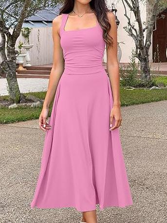 Spring and summer new European and American fashion square collar versatile sleeveless solid color basic dress women's comfortable