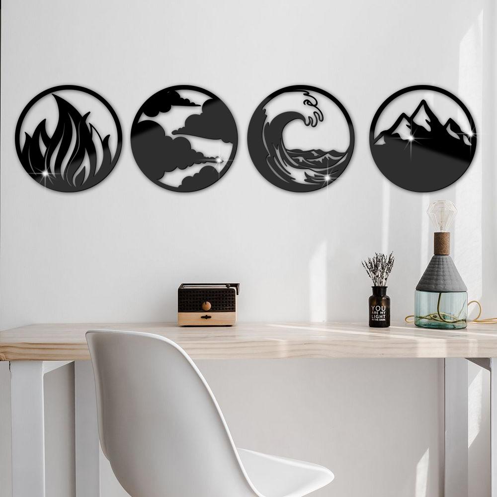 4pcs 3D Acrylic Mirror Sticker Wind Fire Water and Soil Four Elements Round Mirror Wall Sticker Living Room Bedroom Wall Decor