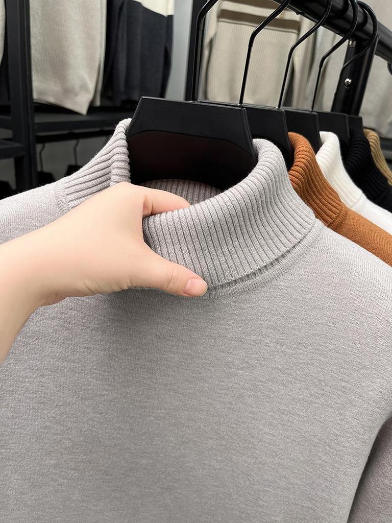 Men's Fashionable Thick Knit Pullover with Double-Fold High Neck, Fleece-Lined for Warmth, Solid Color, Perfect for Middle-Aged and Young Adults.