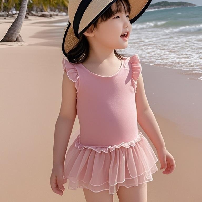 2025 Girls' One-Piece Skirted Swimsuit - Cute Princess Style, Solid Color Baby Swimwear