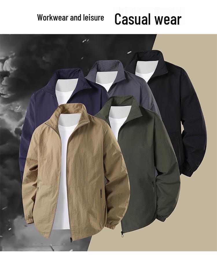 Men's Lightweight Spring/Autumn Sun Protection Jacket, Stand Collar, Loose Fit, Breathable, Plus Size for Middle-aged and Elderly