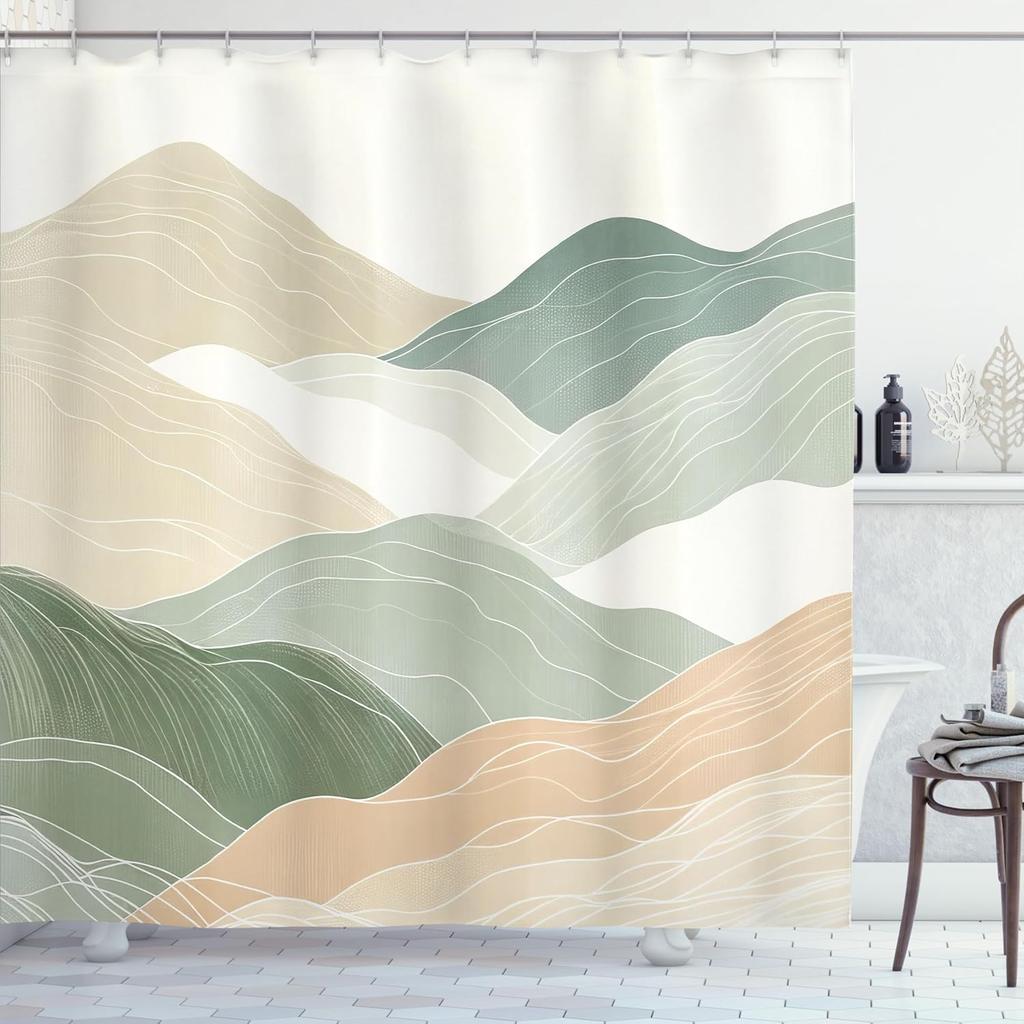 Neutral Shower Curtain, Abstract Pencil Painting Print of Mountains with Harmonious Pastel Tones, Cloth Fabric Bathroo
