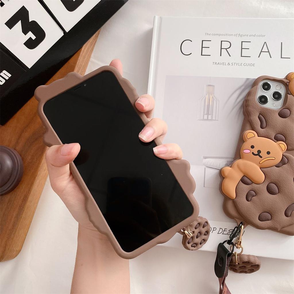 Cute Cartoon Cookie Bear Lanyard Phone Case For iPhone 17 16 15 14 Plus 13 12 11 Pro Max Shockproof Protective Cover