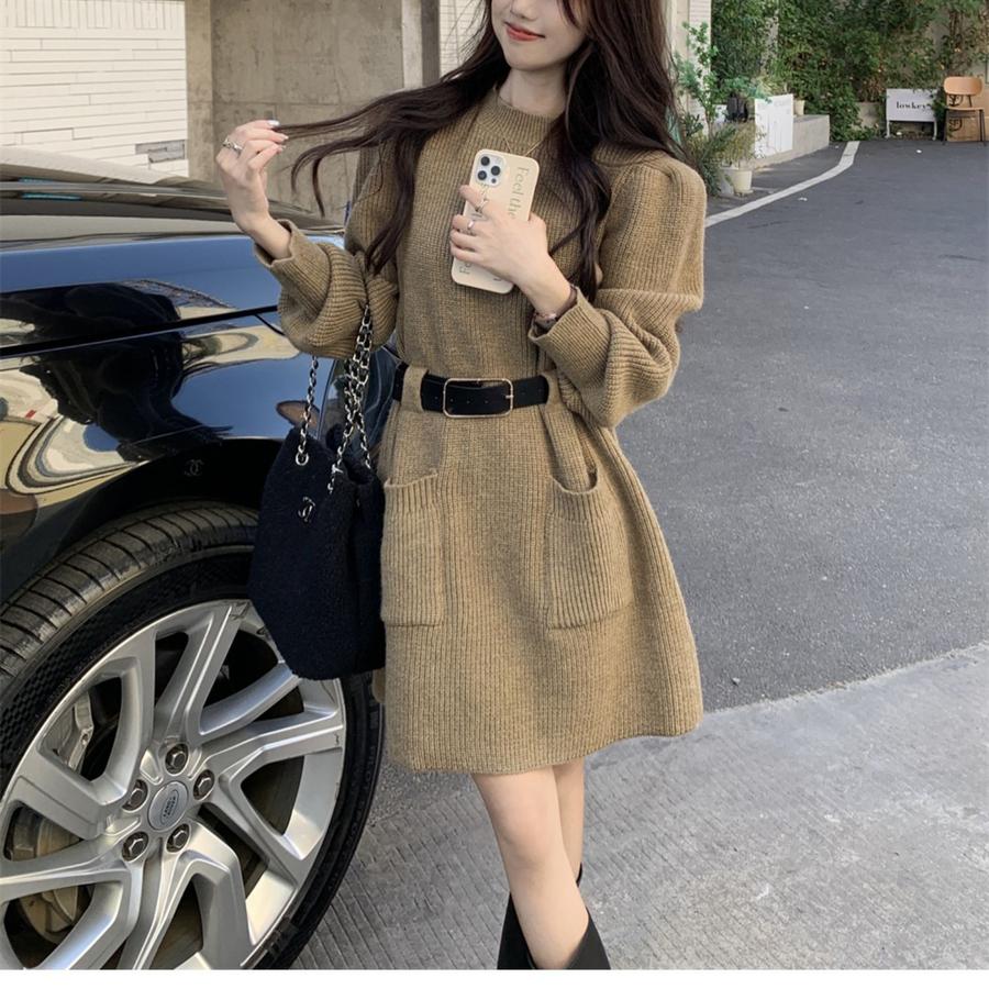 New French Style Petite Knit Dress for Women, Long Sleeve Loose Knit Base Dress for Fall Winter