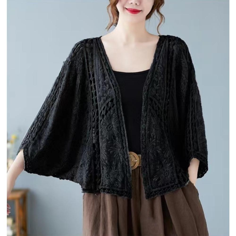 DX- MS64-Spring and Summer Cotton Embroidery Lace Cardigan Short Bat Sleeve Loose Shawl 7 Split Sleeve Air Conditioner Sunscreen Clothes Cover Female