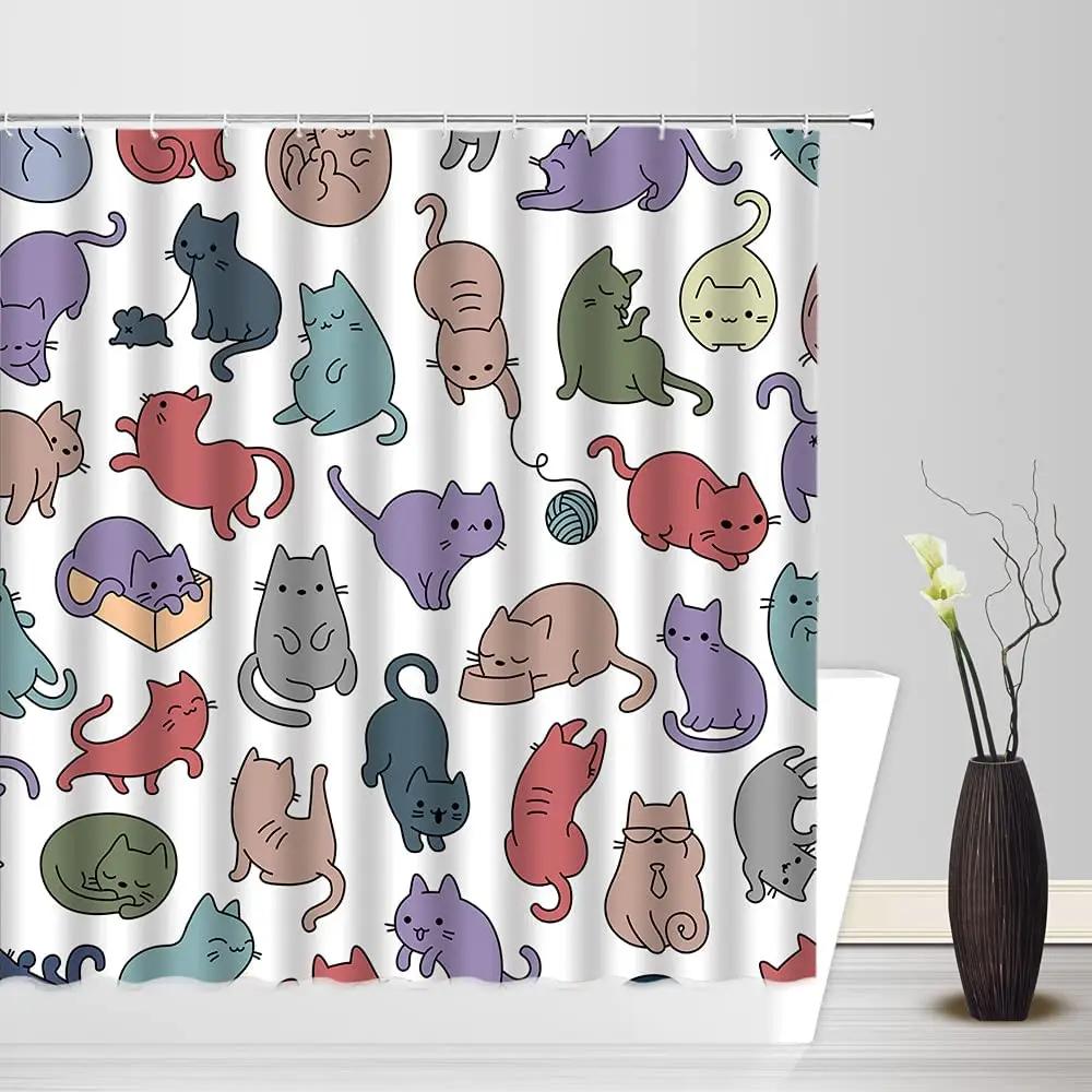 Cute Cat Shower Curtain Lovely Cartoon Funny Colorful Animal Pattern for Pet Kids Girls Fabric Bathroom Decor Curtains with Hook