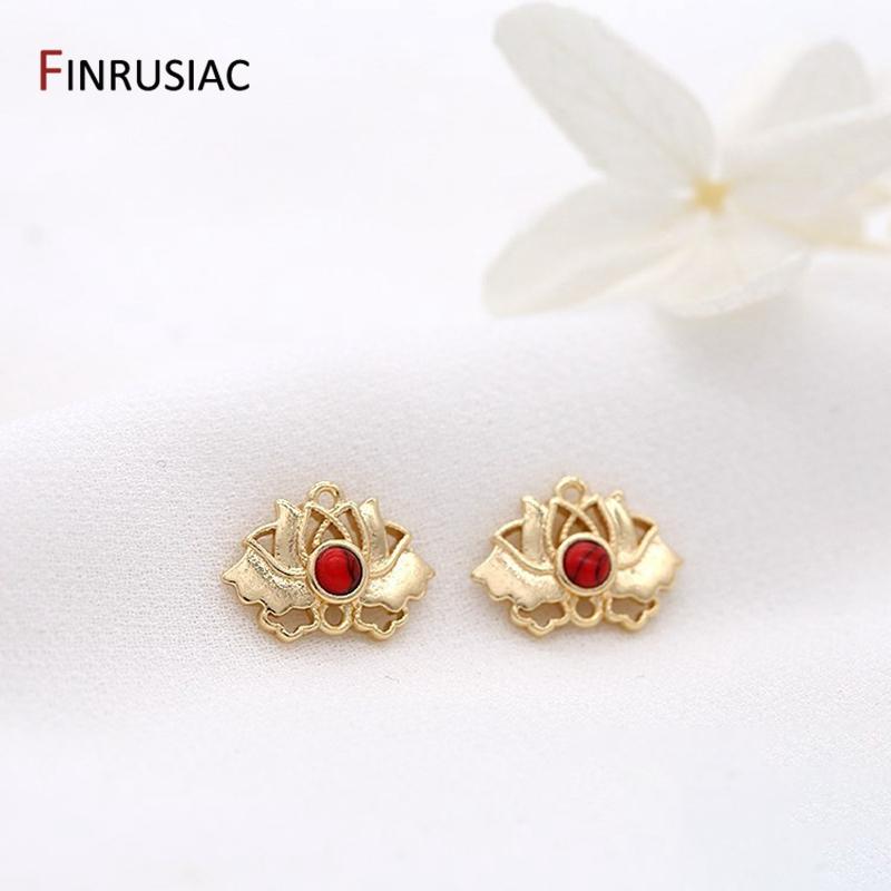

2026 New Design Inlaid Turquoise Lotus Connector Charms, Earring Pendant Accessories 14K Gold-Plated DIY Jewelry Making Material 2 pieces