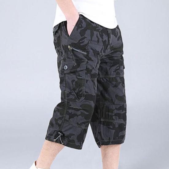 Caprihosen mit Reißverschluss Elastischer Bund Lässig Mehrere Taschen Hohe Taille Gerade Cargoshorts Streetwear